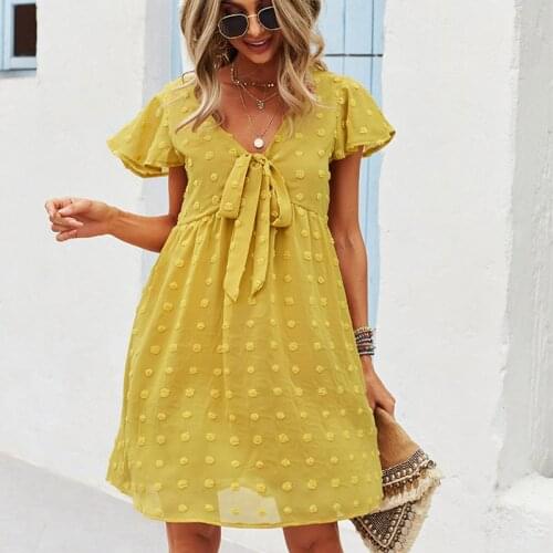 MosiMolly Women Dress Summer Pom Pom Bow Dress Boho Beach Mini Dress Female Vestidos