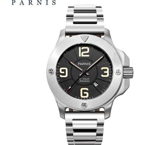 Parnis 47mm Military Mechanical Men Watch Luxury Sapphire Crystal Luminous Waterproof Calendar Leather Band Automatic Watch