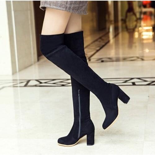 New European and American round head, thick heel, knee high boots, elastic boots, womens lace boots in autumn 2019