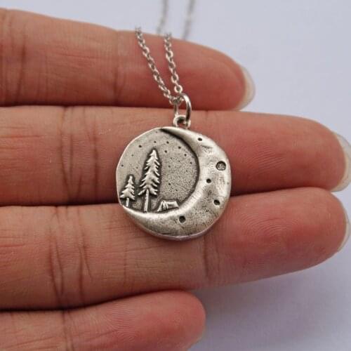 Pine Tree Charm With Big Moon Necklace Lovely Camping Under Bright Outdoor Style Penant Jewery