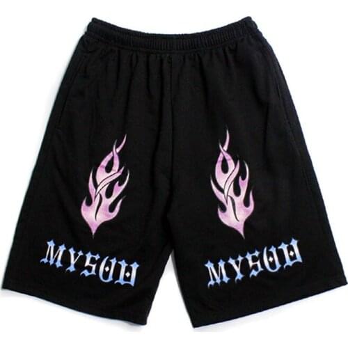 New Summer Shorts Women Harajuku Streetwear Flame Letter Printing Loose Elastic Waist Casual Straight Drawstring Knee Pants Man