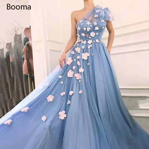 Blue One Shoulder Prom Dresses Sweetheart Hand Made Flowers Pleated Tulle Evening Dresses Sleeveless A-Line Long Formal Gowns