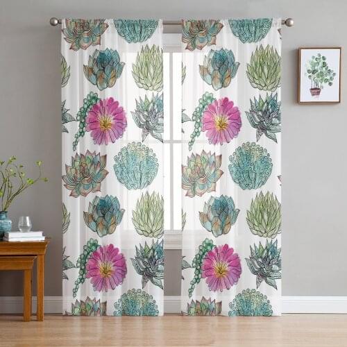 Plant Watercolor Succulent Window Treatment Tulle Modern Sheer Curtains for Kitchen Living Room the Bedroom Curtains Decoration