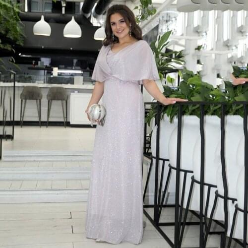 UZN Elegant Silver Glitter Tulle A Line Long Prom Dresses V Neck Shawl Sleeves Formal Woman Party Dress High Waist Evening Gowns