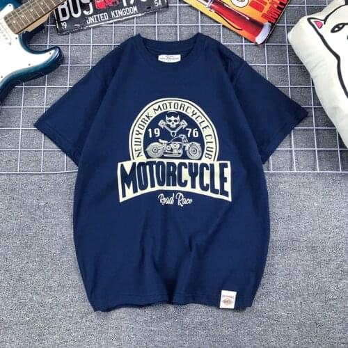 Vintage Skull Print Motorcycle Biker T-shirt Mens Short Sleeve Piston letter Punk Rock Cotton T shirt Summer Tops Tee Shirt