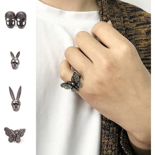 Vintage Punk Butterfly Rabbit Skull Ring Charm Women Cool Mystery Skeleton Gothic Adjustable Finger Jewelry