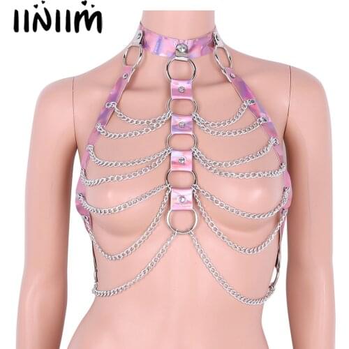 Women Punk Belt Halter Neck Tank Tops Body Bust Harness Belt with O-Rings Chain Tassels Costumes Accessories Night Clubwear