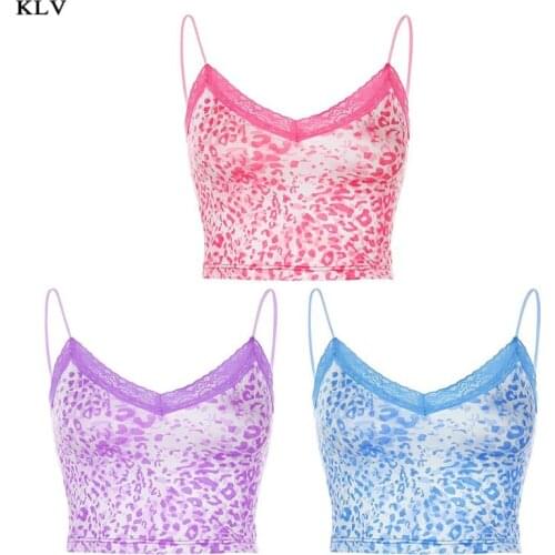 Women Spaghetti Strap Slim Crop Top Leopard Printed Lace Patchwork Camisole Sexy Deep V-Neck Backless Summer Sling Vest