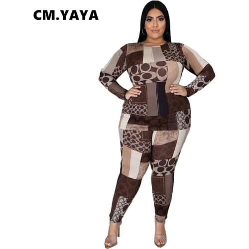 CM.YAYA Plus Size L-5XL Sweatsuit Womens Set Sweatshirt Jogger Pants Set Active Tracksuit Two Piece Outfit Set Sporty Print