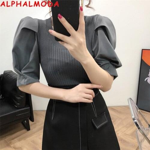 ALPHALMODA Fall Autumn Puff Sleeve Round Neck Pullover Knitting Shirt Womens 2020 New Puff Sleeve Patchwork Sweet Sweater Top