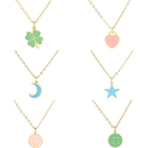 Exquisite Color Star Moon Heart Necklace Stainless Steel Necklace For Women Smiley Necklace Geometric Chain Necklace Jewelry