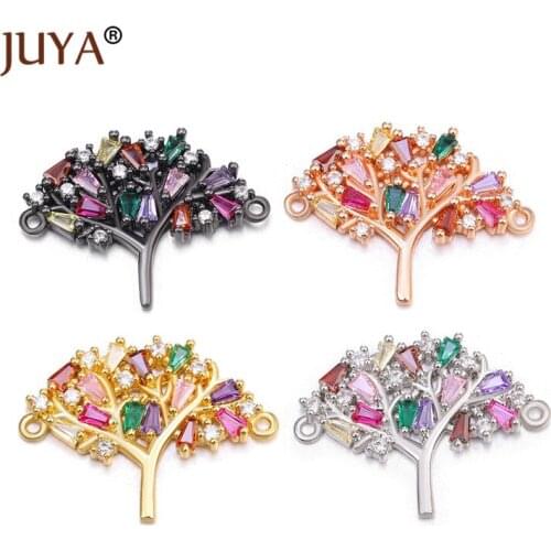 High Quality Copper Metal Inlay Color Zircon Crystal Life Tree Connectors Charm For Bracelets Necklaces Making Diy Jewelry