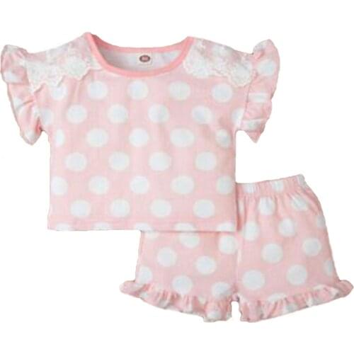 2021 0-6Y Kids Girl Clothing Short Sleeve Fashion Polka Dot Lace Pink T-shirt + Ruffles Short Pants Summer 2pcs Outfits Set