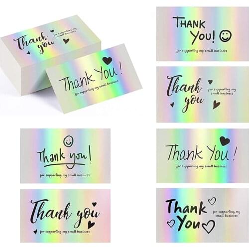 50Pcs/pack Thank You Cards Small Business Thank You for Supporting Cards Notes Shopping Holographic Thanks Card for Retail Store