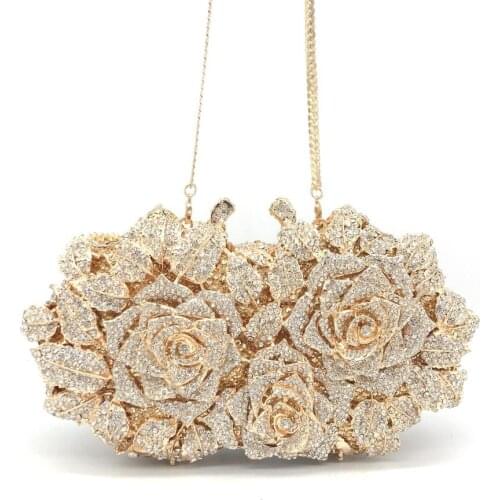 Bee In Fly Luxury Hand Inlaid Diamond Dazzling Women Gold Rose Flower Hollow Out Crystal Evening Metal Clutches Bag