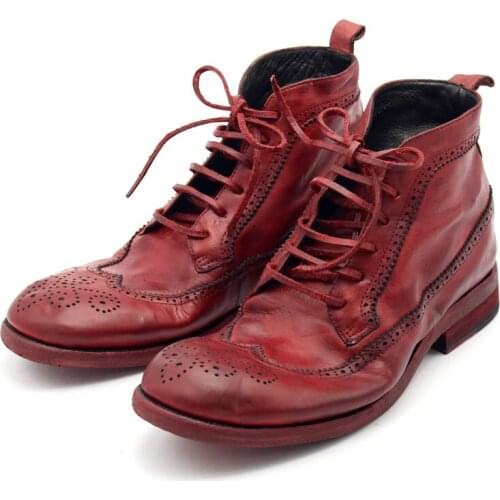 Italy Handmade Cow Genuine Leather Male Ankle Boots Lace Up Wing Tip Brogue Heel Work Satety Shoes Men Motorcycle Boots Punk Red