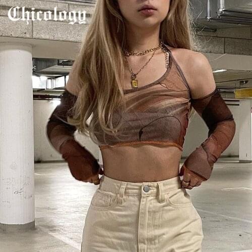Chicology 2021 Women Summer Sexy Top Halter Removable Gloves Mesh Lightweight Casual Fashion Slim High Street Crop Tank Top