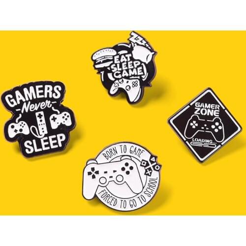 Game Controllers Enamel Pins "Gamers Never Sleep"Hamburg Pillow Custom Brooches Decoration Backpack Badge Gift for Game Players