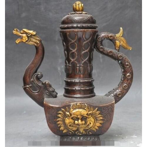 S03283 10" marked chinese bronze gilt fengshui dragon statue Wine tea Pot Flagon teapot
