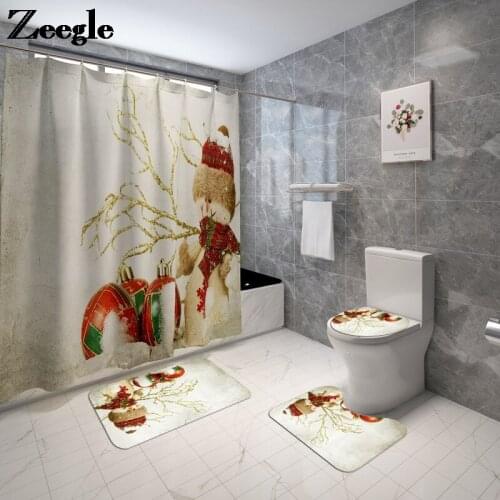 Printing Bath Mat Home Decor Bathroom Carpet and Waterproof Shower Curtain Absorbent Toilet Seat Cushion Set Anti-Slip Foot Rug