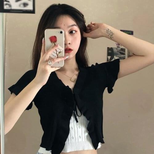 Sexy Knitted Crop Top Summer Women Lace Up Split Short Sleeve Cardigan Women Slim Knitted TShirt Casual Tees