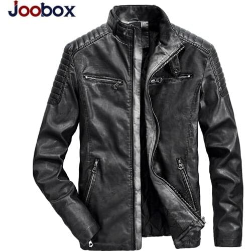 Joobox Fashion Winter Leather Jacket Men Stand Collar Motorcycle Washed Retro Leather Jacket Thin European Size Mens Coats