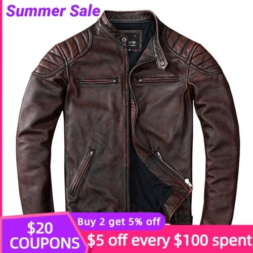 2021 Vintage Brown Stand Collar Motorcycle Style Genuine Leather Jacket Men Plus Size 4XL Real Natural Cowhide Spring Biker Coat
