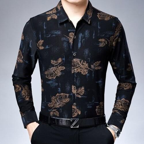 Flowers Mens Shirts Long Sleeve 2019 Winter Velvet Shirts Mens Silk Clothing Rose Printed Retro Mens Shirts Fleece Warm Dress