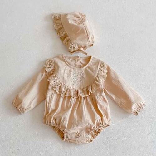 Spring Autumn Baby Girl Jumpsuit Round Neck Bodysuits Embroidered Long-Sleeved Leotard Baby Girl Triangle Clothes Send Cap