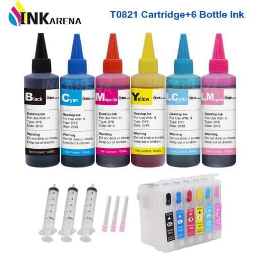 INKARENA 100ml Printer Ink Refill Kit + 82 82N T0821 Ink Cartridge For Epson Stylus Photo 1410 T50 R290 R295 R390 RX590 RX610