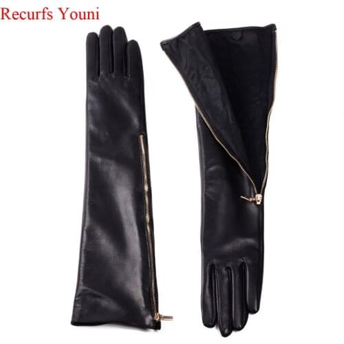 Novelty Female Winter Genuine Leather Side Golden Zipper 45CM Long Gloves For Women Mujer Evening Party Black Sleeve Thin Luvas