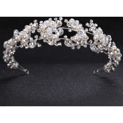 Crystal Pearl Flower Bride Headbands Women Silver Color Princess Wedding Hair Jewelry Tiara Hairbands Hair Accessories Crown