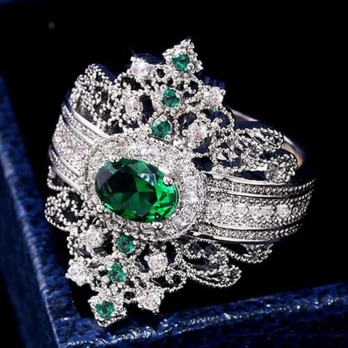Luxury Retro Palace Style Wedding Engagement Rings for Women Ladies Exquisite Green Zircon Crown Rings Jewelry Anel Wholesale