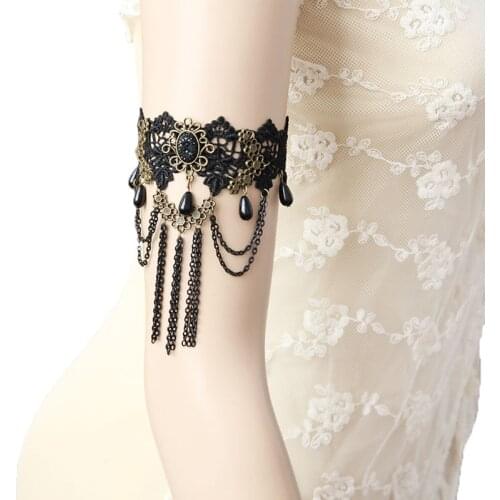 Handmade Rhinestone Floral Layered Chain Tassel Black Lace Bead Drop Arm Band Armband Armlet Bracelet Dance Gothic Jewelry Party