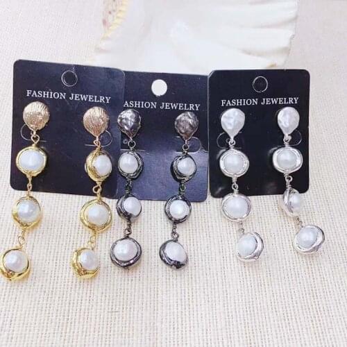 New Fashion Pearl Tassel Earring,Round Natural Freshwater Pearl Long Charm Dangle Earring 3pairs Mix 24k carats Plated