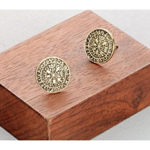 Scandinavian Runes Compass Earrings Women Vintage Charm Antique Bronze Round Slavic Viking Jewelry Stud Earrings