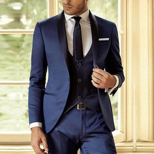 Navy Blue Groom Tuxedo for Wedding Slim Fit Men Suits 3 Piece Male Fashion Jacket with Vest Pants Custom Costume 2021