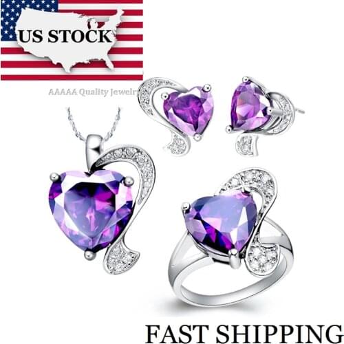 USA STOCK Uloveido New Fashion Crystal Bridal Jewelry Sets Wedding Jewelry Set Purple/Red Heart Accessories Gifts for Women T068