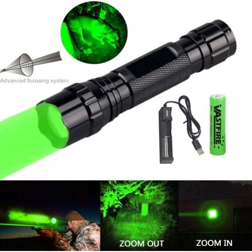 VASTFIRE 300 Yards Zoomable Weapon guns Light Green/Red Flashlight Predator Varmint Hog Hunting Airsoft Torch+18650+USB Charger