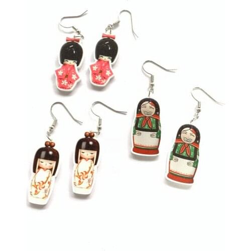 Japanese Style Vintage Kimono Girl Doll Russian Matryoshka Traditional Toy Pendant Acrylic Dangle Earrings Women Fashion Jewelry