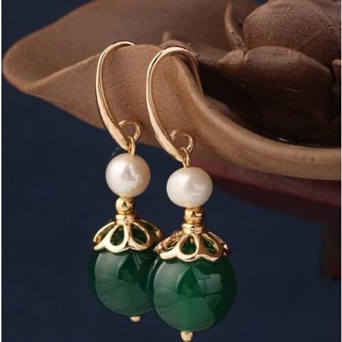 Vintage delicate freshwater pearl earrings green bead drop earrings for women and girl jewelry серьги