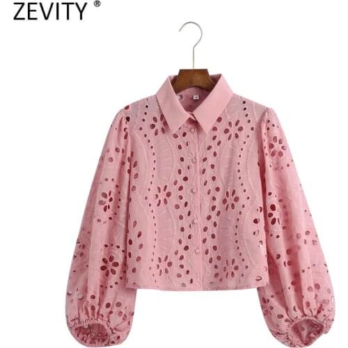 Zevity 2021 Women Candy Color Hollow Out Embroidery Short Smock Blouse Office Lady Single Breasted Shirt Chic Blusas Tops LS9264