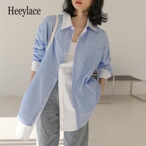New 2021 Summer Autunm Womens Blouse Shirt Striped Fake Two Pieces Vintage Patchwork Oversize Lady Wild Tops