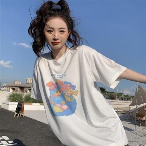 Womens T-shirts Tops Japanese Kawaii Ulzzangcasual Loose Cute Cartoon Print Tshirt Female Korean Harajuku Clothes For Women