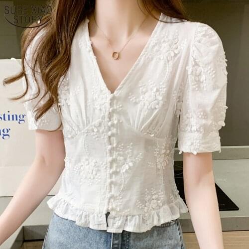 2021 Lace Tops Women Casual Sweet Appliques Shirt Fashion Women Blouses Vintage High Waist Short Sleeve V-neck Puff Sleeve Tops