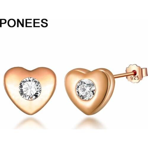 Ponees Heart Stud Earrings Zircon Jewelry 925 Sterling Silver White Women Engagement
