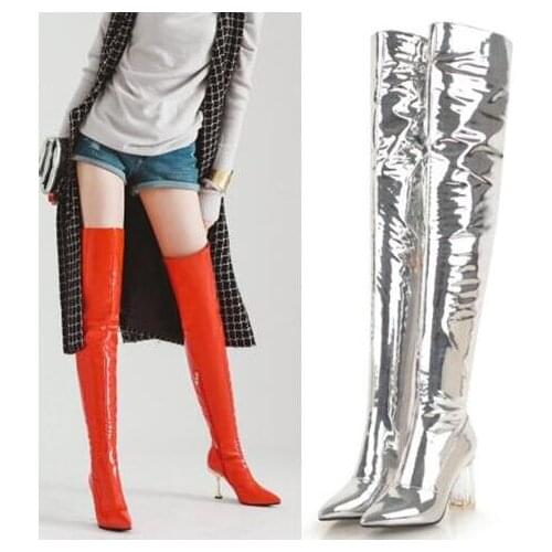 Hot Woman Mirror Patent Leather Transparent Heels Thigh High Boots Pointed Toe Over The Knee Boots Black Red Sliver White Color