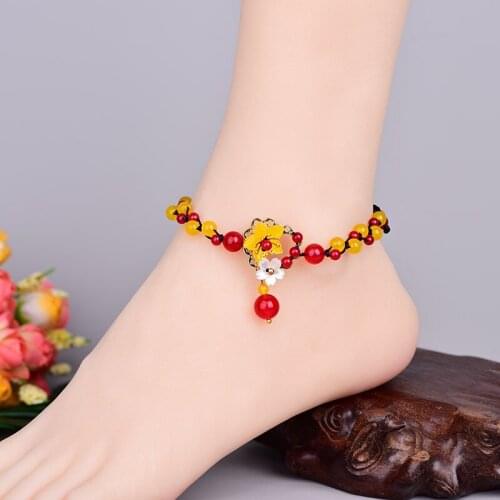 Chinoiserie Ancient Anklet Women For Palace Princess Jewelry Accessories Beach Shell Retro Statement Chalcedony Anklet