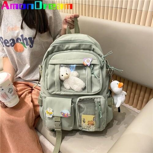 Muti-Pocket Cute Badge Women Backpack Waterproof Nylon Female Schoolbag College Backpacks for Teenage Girls Kawaii Travel Bags
