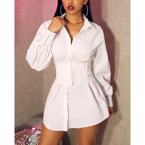 Women Solid Long Sleeve Tight Waist Buttoned Shirt Dress Cocktail Partywear Workwear Night Club Solid Mini Dress Femme Vestidos